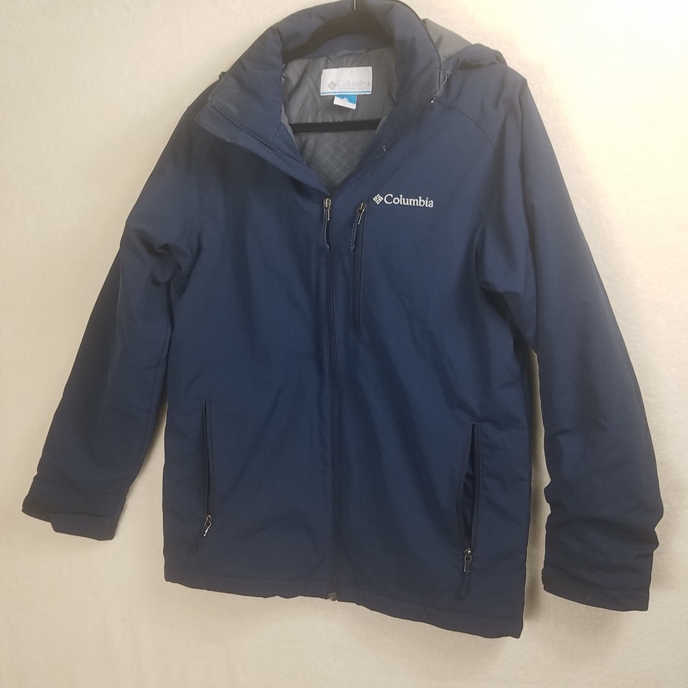 Columbia Hooded Softshell Jacket Mens Small Navy Blue Excellent WM3260 Full Zip